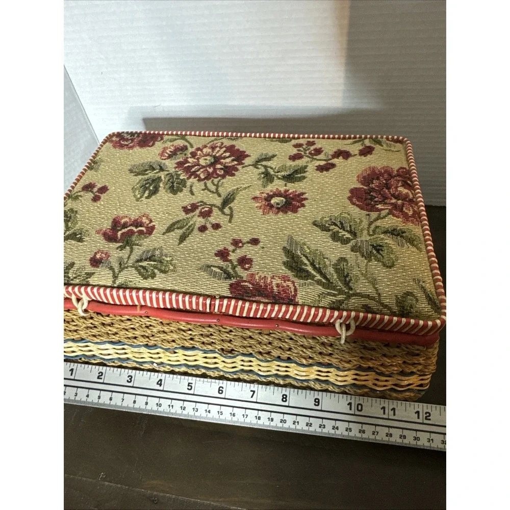Vintage Woven Floral Sewing Basket Tray Tapestry 11